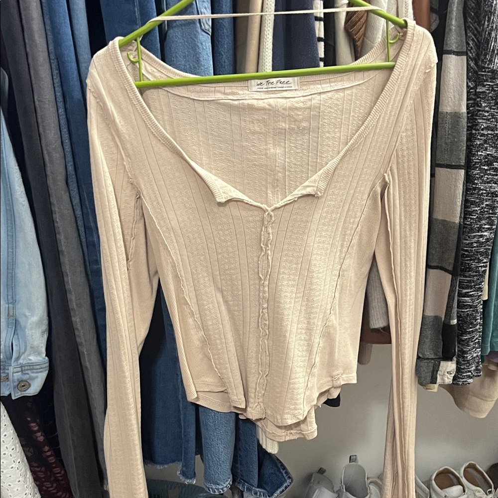 Free People Beige Ribbed Long Sleeve Top